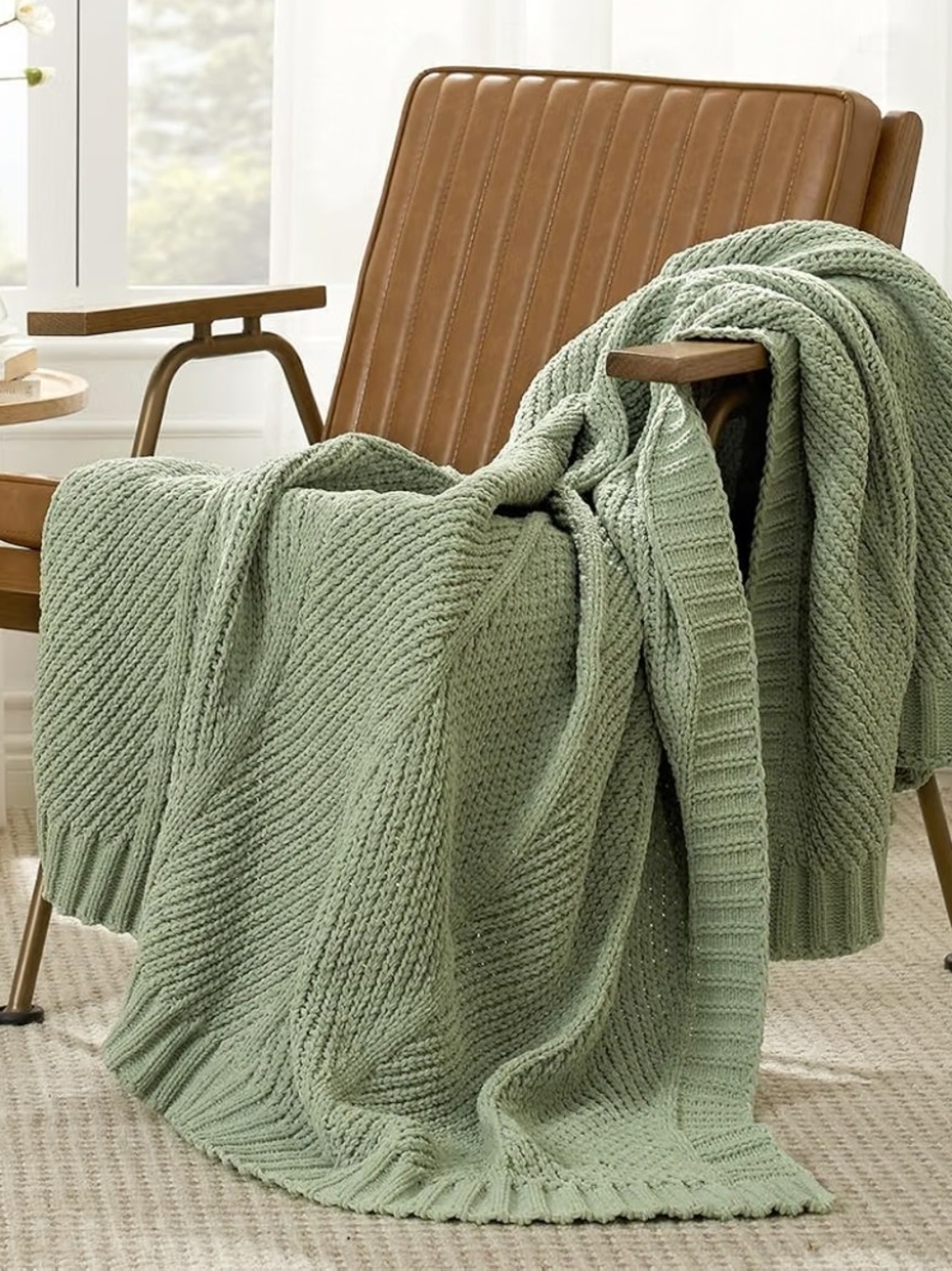 Cozy Knit Chunky Chenille Throw Blanket in Sage Green -50 X 60